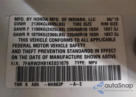 2019 Honda Cr-V Exl из США, поврежденный, VIN 7FARW2H81KE031679